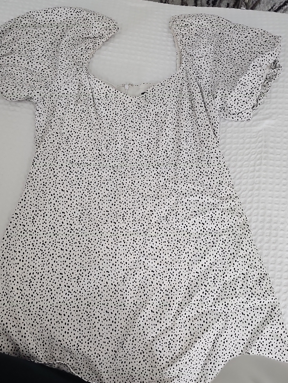 Forever 21 White Dress with Black Dot Print and Puff Sleeves